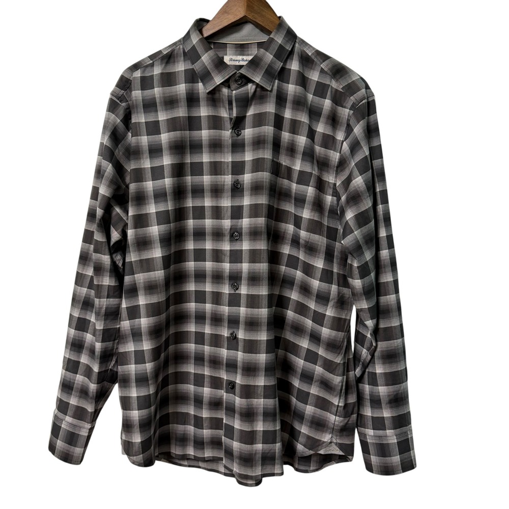 Tommy Bahama Button Down Mens L Grey Plaid Cotton Silk Blend Long Sleeve Shirt